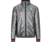 The front of the silver 2020 Mercedes-AMG F1 Team Jacket by Tommy Hilfilger