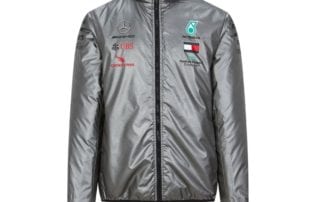 The front of the silver 2020 Mercedes-AMG F1 Team Jacket by Tommy Hilfilger