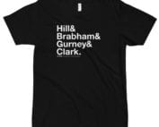 & or ampersand shirt with names of 60s f1 drivers: hill, brabham, gurney, clark