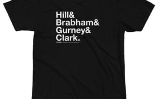 & or ampersand shirt with names of 60s f1 drivers: hill, brabham, gurney, clark