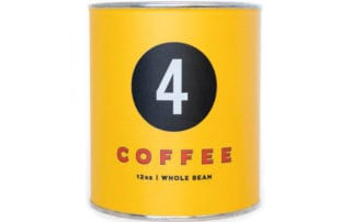 a yellow can with number 4 in a racing-style circle, the sunday motor club coffee from fourtillfour